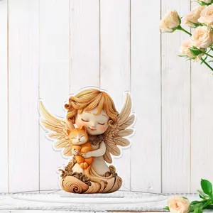 Detailed 2D flat acrylic ornament with angel hugging orange cat and transparent base