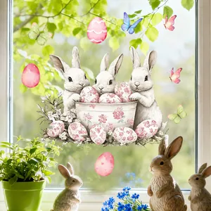 Easter window clings featuring bunnies holding an egg basket with butterflies and floral decals