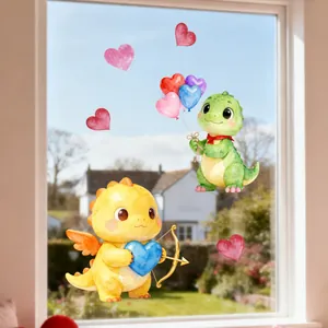 Detail of watercolor dinosaur window stickers with hearts for Valentine's home decor