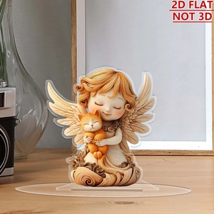 Close-up of 2D acrylic girl and cat ornament showing the flat structure and clear base