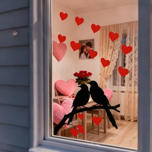 Stickers de fenêtre Saint Valentin avec oiseaux sur branche et cœurs rouges