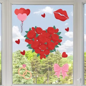 Valentine's Day window stickers featuring red rose heart, lips, and balloons on a glass window
