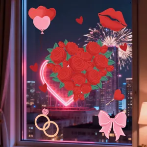 Detailed view of rose heart and balloon window clings on glass with city night background