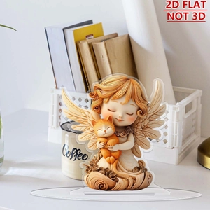 Detailed 2D acrylic girl ornament featuring a wood-carved texture with an angel and cat