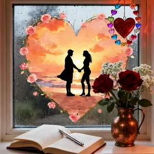 Detail of pink heart window sticker with rose vines and sunset silhouette scene