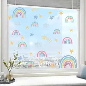 Cartoon Rainbow Elephant Window Sticker Set PVC Static Cling Decor For Kids Room Nursery Bedroom Home Decorative Decals