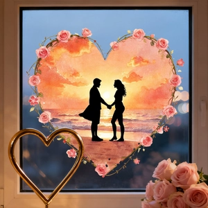 Detail of pink heart window sticker featuring a sunset beach couple and rose floral wreath