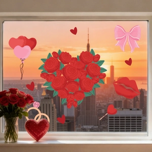 Detail of Valentine's static window clings with roses and heart balloons on glass