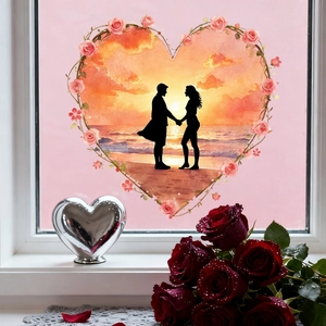 Romantic pink heart-shaped window sticker showing a couple silhouette at sunset beach
