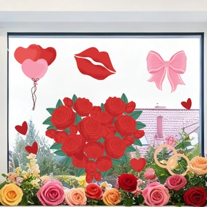 Detail of Valentine's window decals featuring roses, heart balloons, and red lips stickers