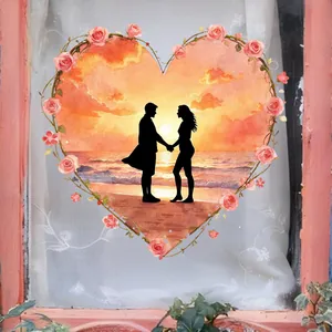 Romantic watercolor heart window sticker featuring sunset beach couple and rose vines