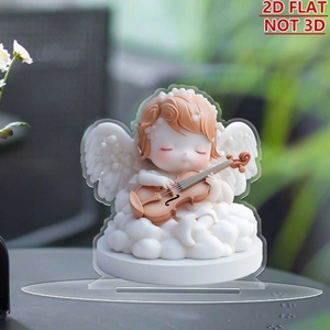 Detailed view of 2D acrylic angel ornament with flat structure and clear oval base stand