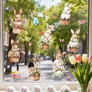 Easter static window clings featuring cute watercolor rabbits and floral spring designs