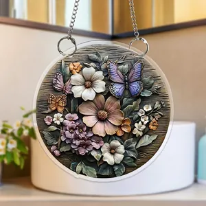Placa de jardín acrílica 2D con estampado floral de mariposas y cadena colgante de metal