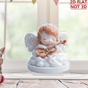 Close-up of 2D flat acrylic ornament featuring a cute little angel playing violin on clouds