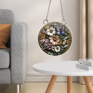 Flat acrylic floral wall plaque with 3D effect butterfly print and hanging chain