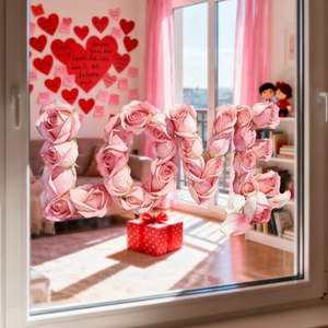 Sticker de fenêtre statique LOVE avec roses roses pour décoration de la Saint-Valentin