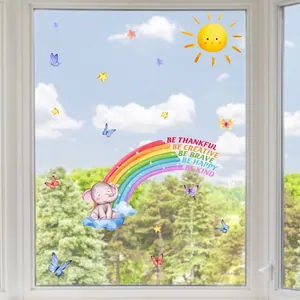 Rainbow elephant and stars static window clings for kids room glass door decoration