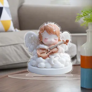 Detailed 2D acrylic violin girl ornament with faux 3D effect on white cloud base