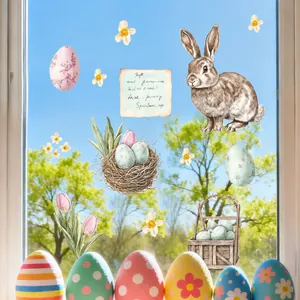 Detailed view of Easter window decals with rabbits, colorful eggs and spring flowers