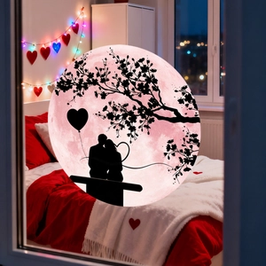 Close-up of pink moon wall sticker featuring couple silhouette and cherry blossom details