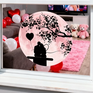 Romantic heart balloon silhouette window sticker displayed in a cozy living room scene
