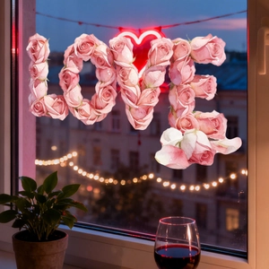 Pétales de rose roses formant le mot LOVE en sticker statique romantique pour fenêtre