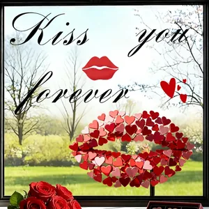 Pink heart window cling with 'Kiss you forever' text on glass with garden background