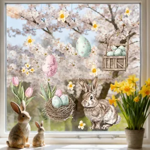 Detail of Easter static window clings with rabbits and floral eggs on glass
