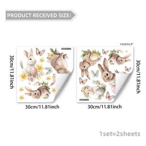 Detailed sheet view showing two Easter bunny and egg static cling stickers in 30cm size