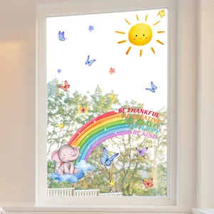 Detail of cartoon elephant and rainbow static window decals for kids room decoration