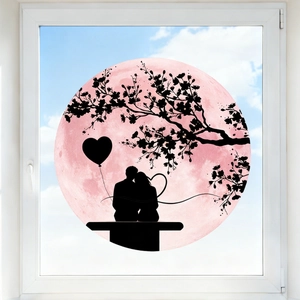 Close-up of heart balloon and lover silhouette static window sticker on glass
