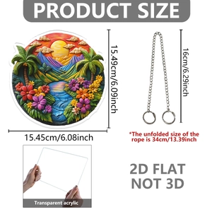 Gedetailleerde afmetingen voor een 2D platte acryl hanger met strandzonsondergang decoratie
