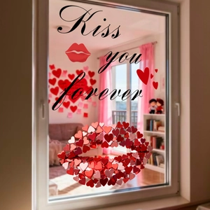 Detail of Kiss You Forever heart-shaped lip decal on a glass window for home decor