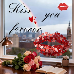 Lip-shaped pink heart static window sticker for Valentine decor with Kiss You Forever text