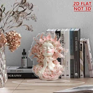 Flat 2D acrylic girl ornament with pink floral design and transparent display base
