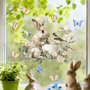 Detail of Easter static window cling featuring a cute bunny in a teacup with floral accents