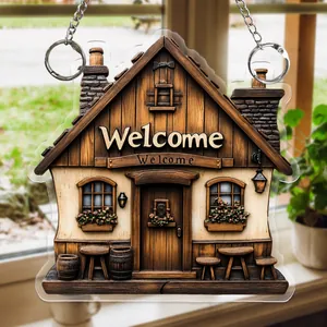 Detailed 2D flat acrylic welcome sign with wood texture and hanging metal chain