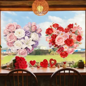 Detailed view of floral heart window stickers with pink roses and colorful spring lilies