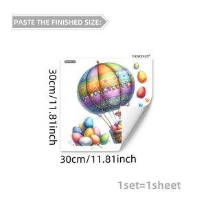 Detail of 30x30cm Easter static window cling featuring a colorful rabbit and hot air balloon
