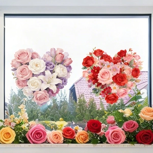 Detail of floral heart-shaped window stickers with pink roses and lilies for home decor