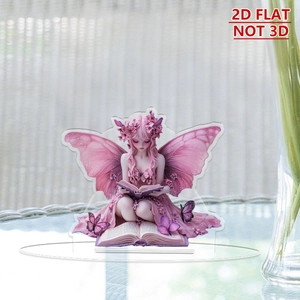 Detail of 2D flat acrylic ornament showing a pink flower fairy reading on a clear base