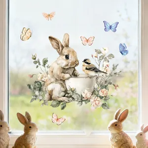 Watercolour Easter window clings with cute rabbit, birds, and pink roses on glass