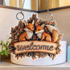 Adorno colgante 2D de acrílico con zorros y cartel welcome para decoración hogar