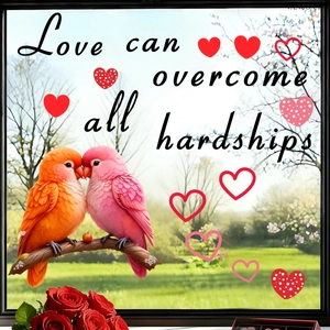 Detail of bird window decals with Love can overcome all hardships quote and red hearts