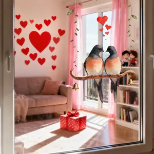 Detalle de vinilo estático para ventana con pájaros rosas, campanas y corazones rojos