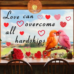 Pink heart static window cling with romantic love birds and red roses decor for home