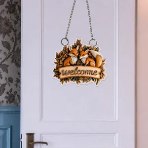 Flat 2D acrylic door sign with two foxes and welcome text on house entrance door