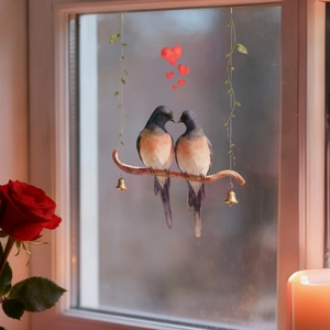 Détail de stickers électrostatiques oiseaux et cœurs sur vitre avec éclairage romantique