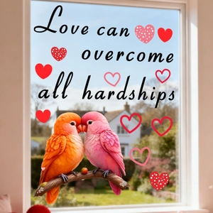 Detail of pink heart and lovebirds static window stickers for Valentine decor